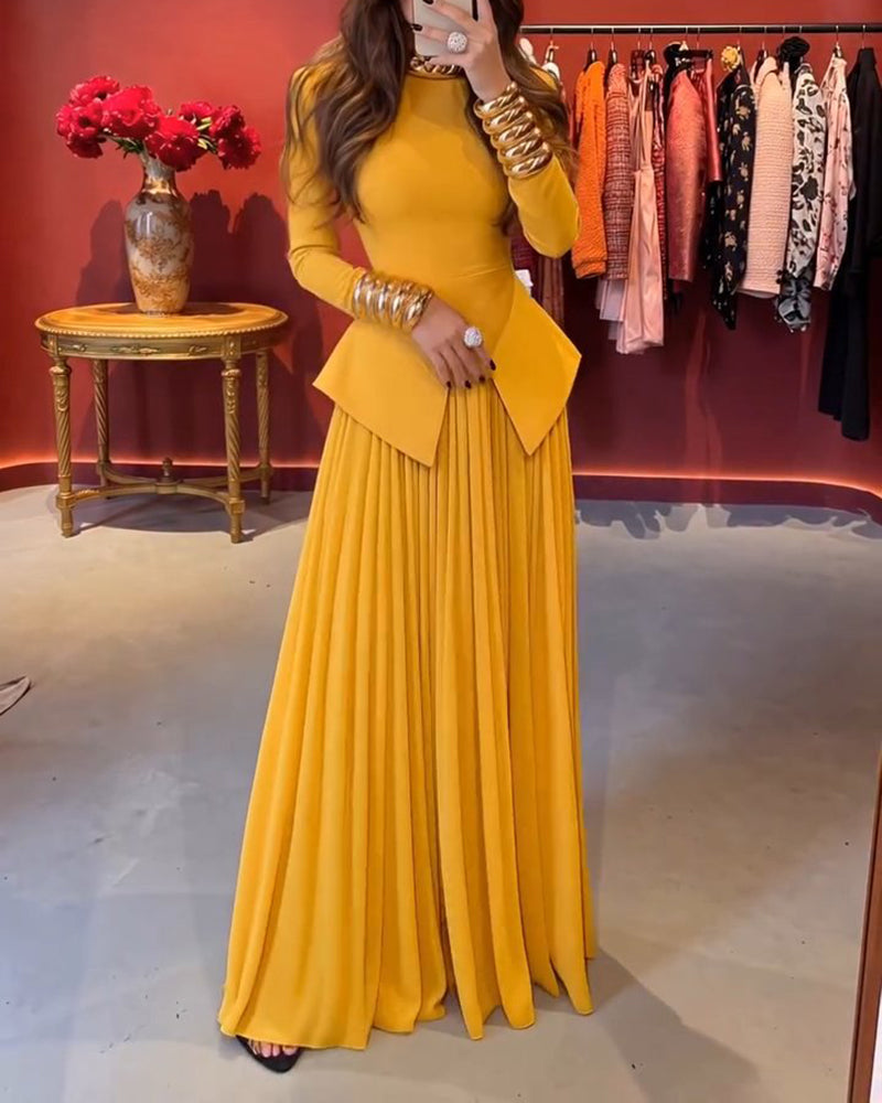 Milana Yellow Long-Sleeve Peplum Top & Pleated Maxi Skirt Two-Piece Set