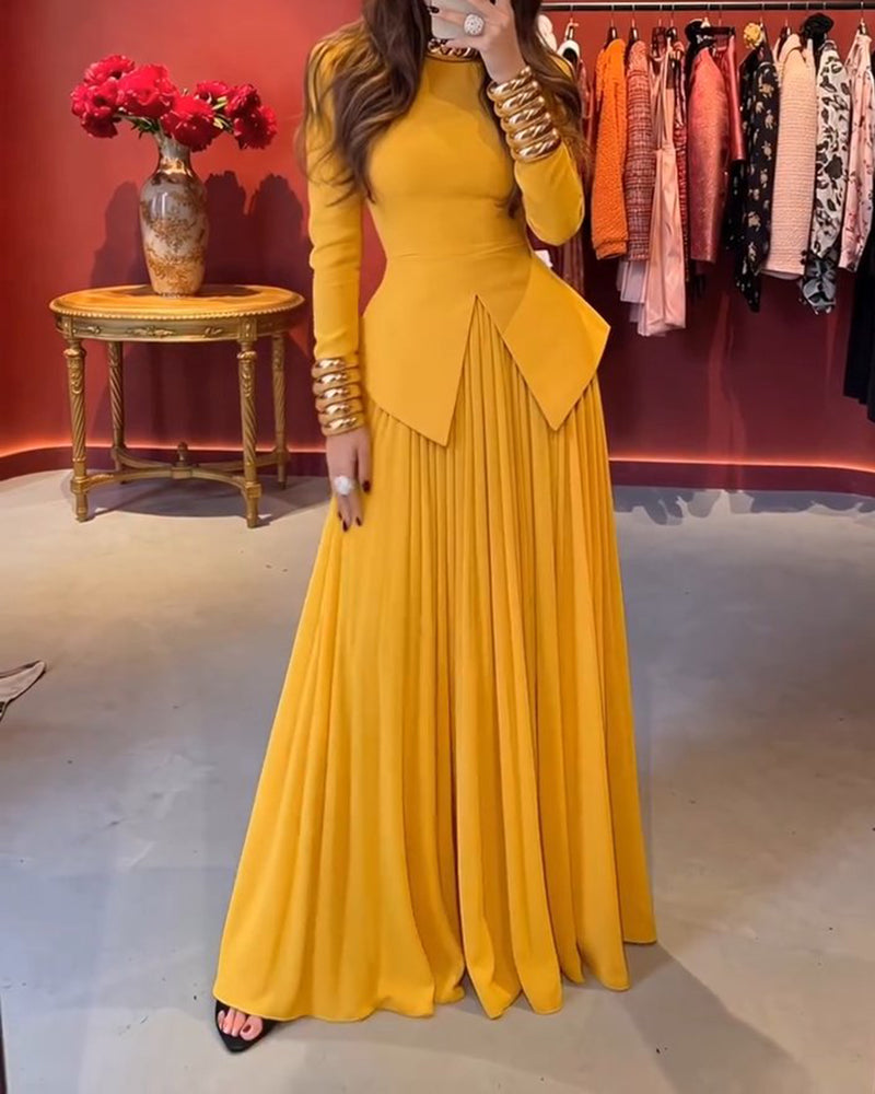 Milana Yellow Long-Sleeve Peplum Top & Pleated Maxi Skirt Two-Piece Set