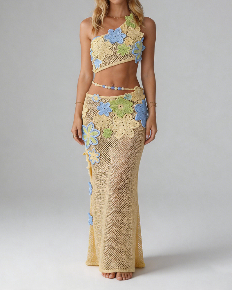 Vivienne Yellow Floral Crochet Crop Top & Maxi Skirt Two-Piece Set