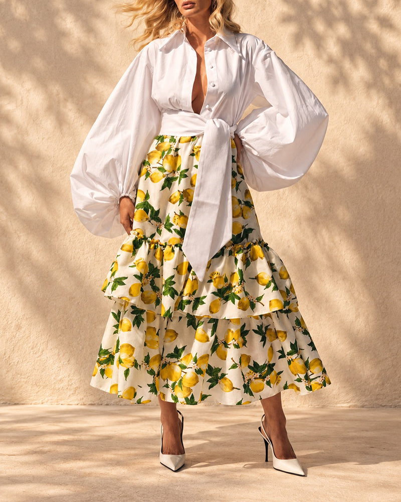 Rafaela Yellow Balloon Sleeve Shirt & Lemon Print Tiered Skirt Two-Piece Set