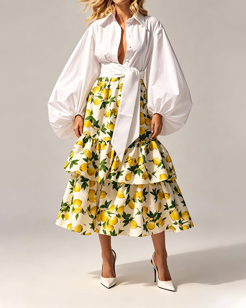 Rafaela Yellow Balloon Sleeve Shirt & Lemon Print Tiered Skirt Two-Piece Set