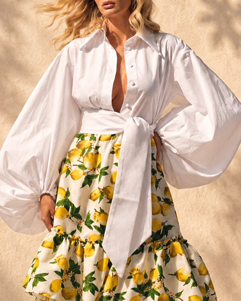 Rafaela Yellow Balloon Sleeve Shirt & Lemon Print Tiered Skirt Two-Piece Set