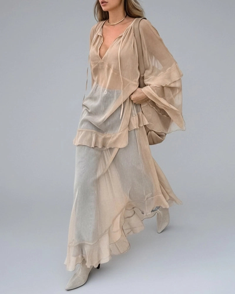 Bellamy Khaki V-Neck Sheer Tiered Ruffle Maxi Dress