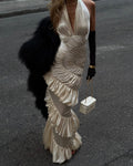 Veda Beige Ruffled Halter Pleated Maxi Dress
