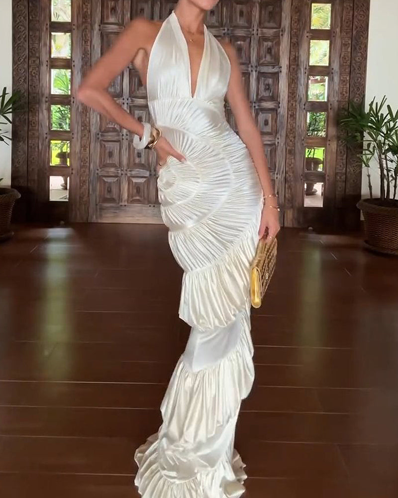 Veda Beige Ruffled Halter Pleated Maxi Dress