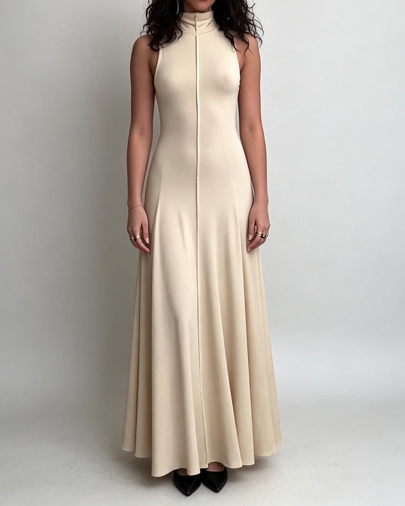 Zaida Beige High-Neck Center-Seam Maxi Dress