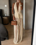 Ramona Beige Open-Knit Halter Ruched Maxi Dress