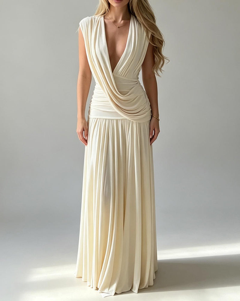 Valentina Beige Deep V-Neck Draped Maxi Dress