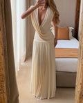 Valentina Beige Deep V-Neck Draped Maxi Dress