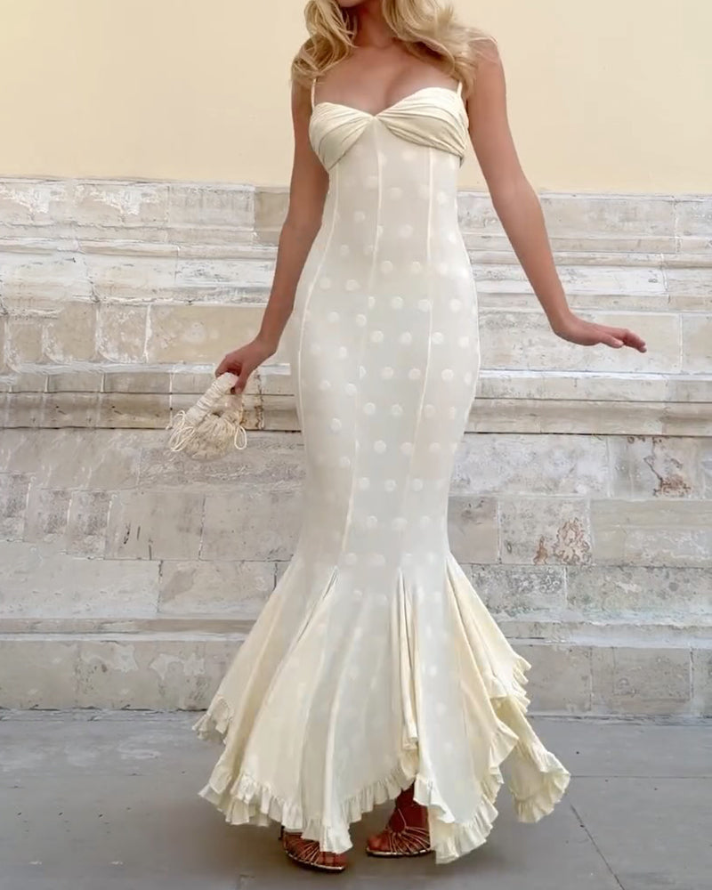 Ximena Beige Spaghetti Strap Polka Dot Mermaid Maxi Dress