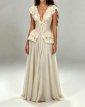 Priscilla Beige Lace Deep V Chiffon Maxi Gown
