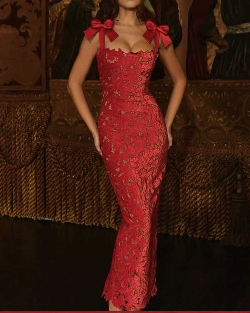 Ophira Black Velvet Bow Cutout Lace Maxi Dress