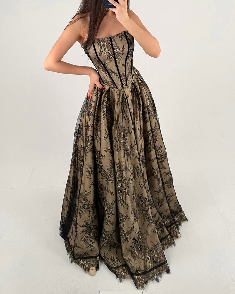Laila Black Strapless Square Neck Lace Corset Maxi Dress