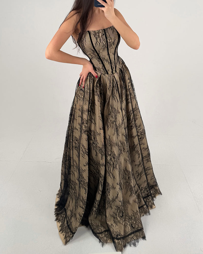 Laila Black Strapless Square Neck Lace Corset Maxi Dress