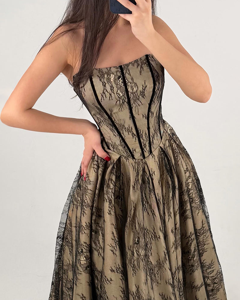 Laila Black Strapless Square Neck Lace Corset Maxi Dress