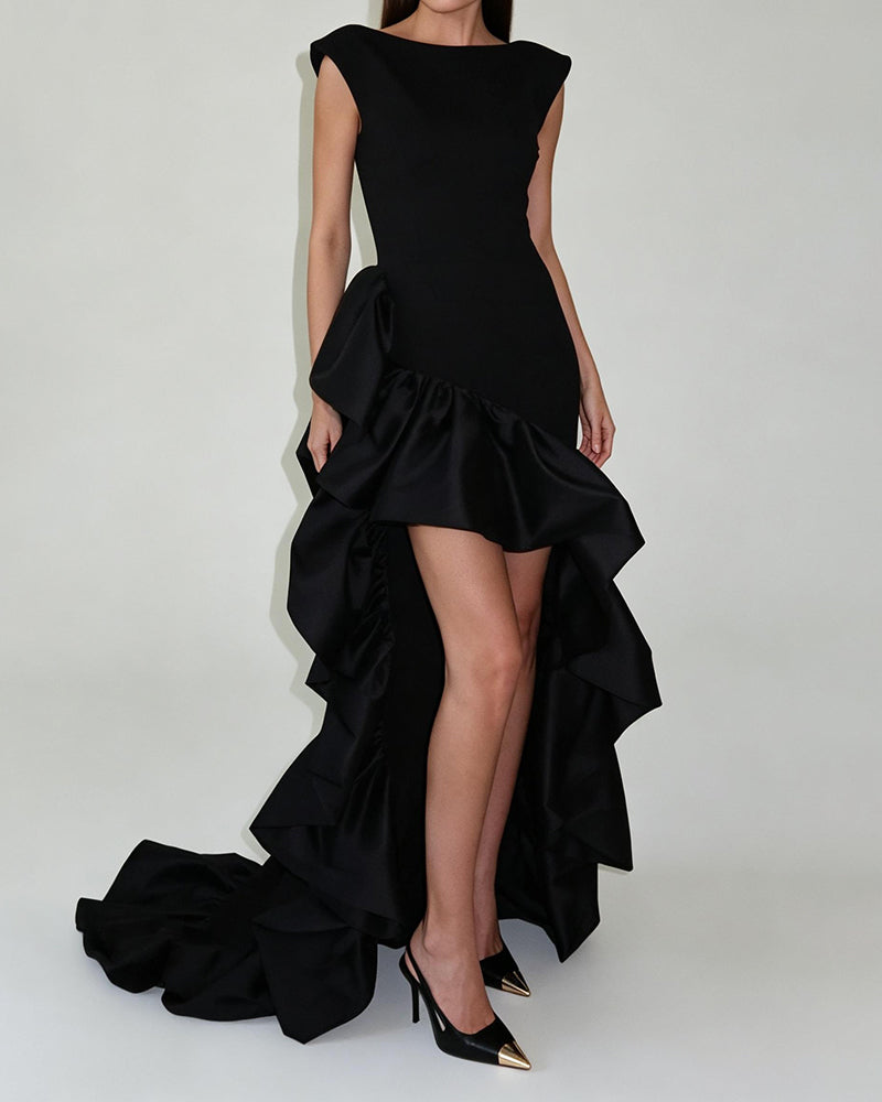Nicolette Black Black Cap Sleeve Asymmetrical Ruffle High-Low Maxi Gown