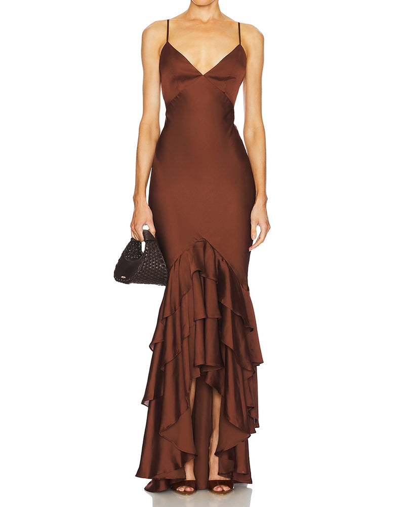 Yasmin Brown Sleeveless Spaghetti Strap Dress