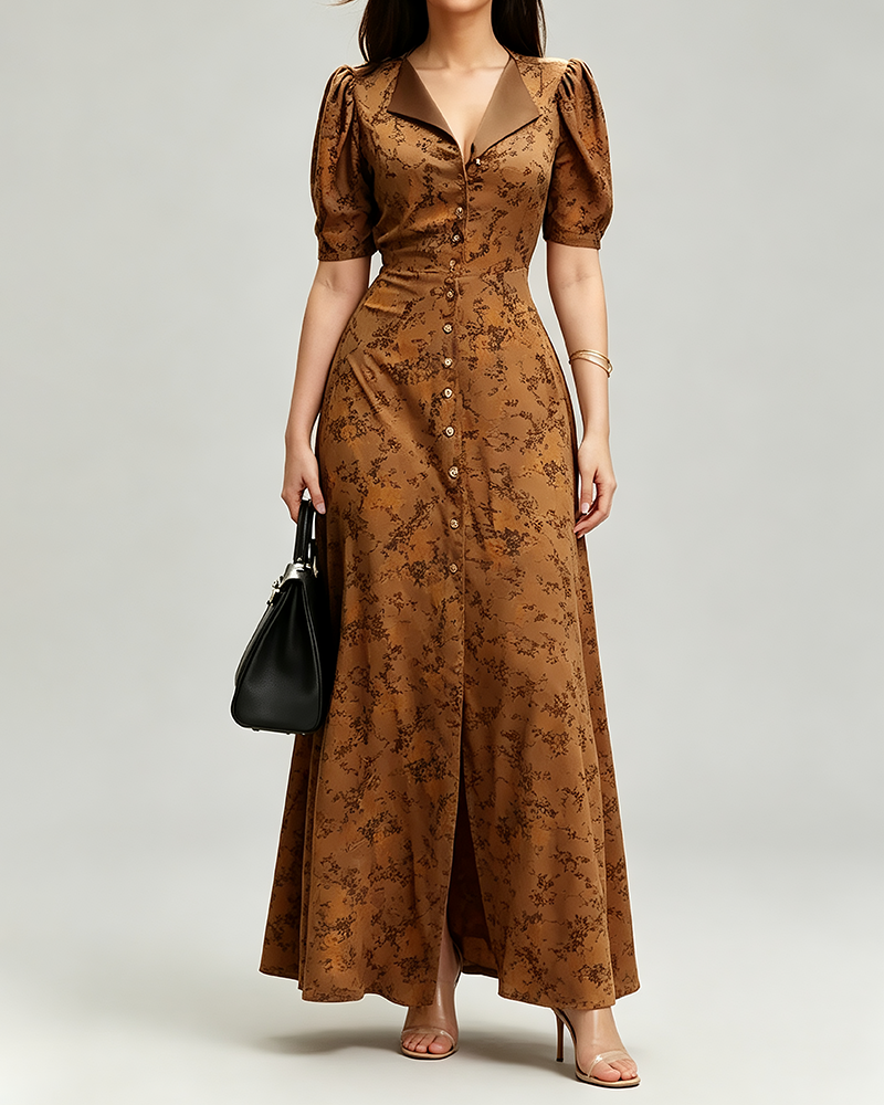 Romina Brown Puff Sleeve Floral Print Maxi Dress