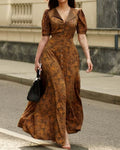 Romina Brown Puff Sleeve Floral Print Maxi Dress
