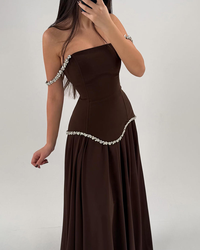 Elise Brown Strapless Beaded Trim Maxi Dress