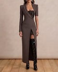 Matilda Brown Blazer Style Lace Insert Maxi Dress