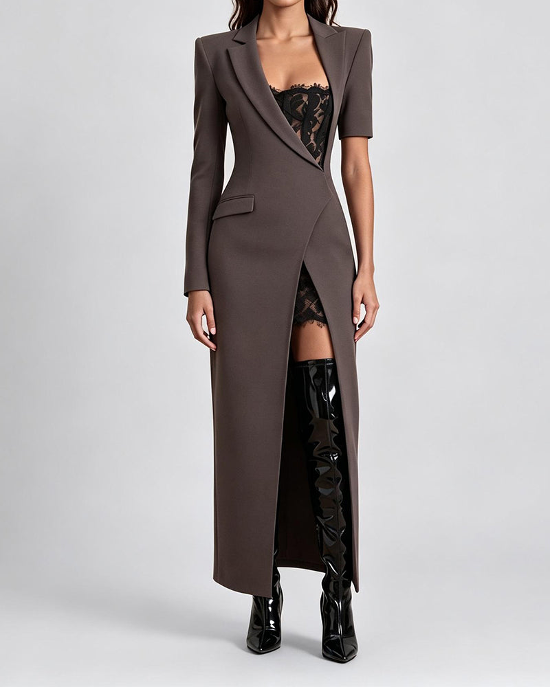Matilda Brown Blazer Style Lace Insert Maxi Dress
