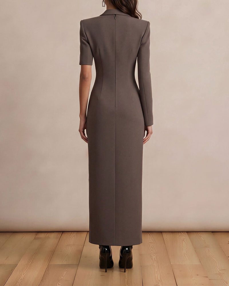 Matilda Brown Blazer Style Lace Insert Maxi Dress