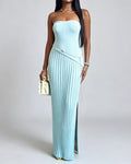 Tatiana Blue Strapless Ribbed Asymmetric Maxi Dress