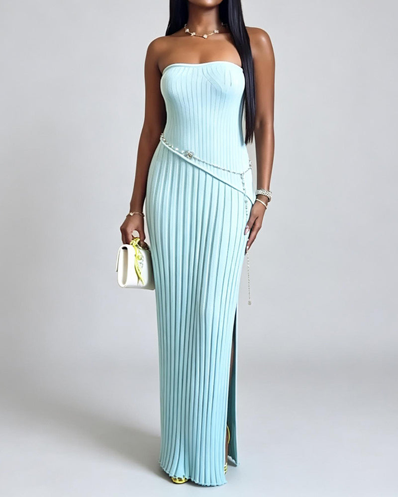 Tatiana Blue Strapless Ribbed Asymmetric Maxi Dress