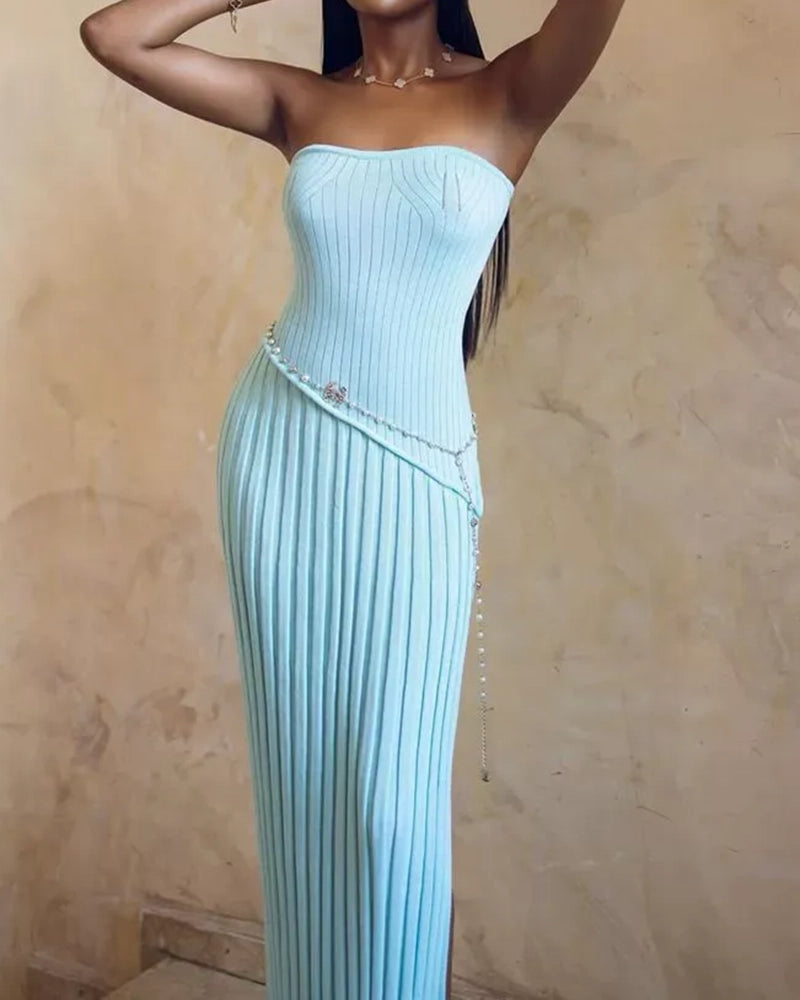 Tatiana Blue Strapless Ribbed Asymmetric Maxi Dress
