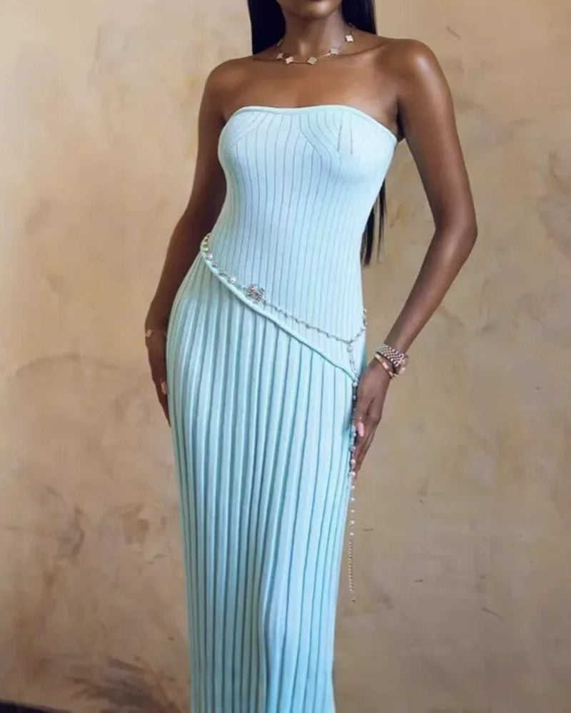 Tatiana Blue Strapless Ribbed Asymmetric Maxi Dress