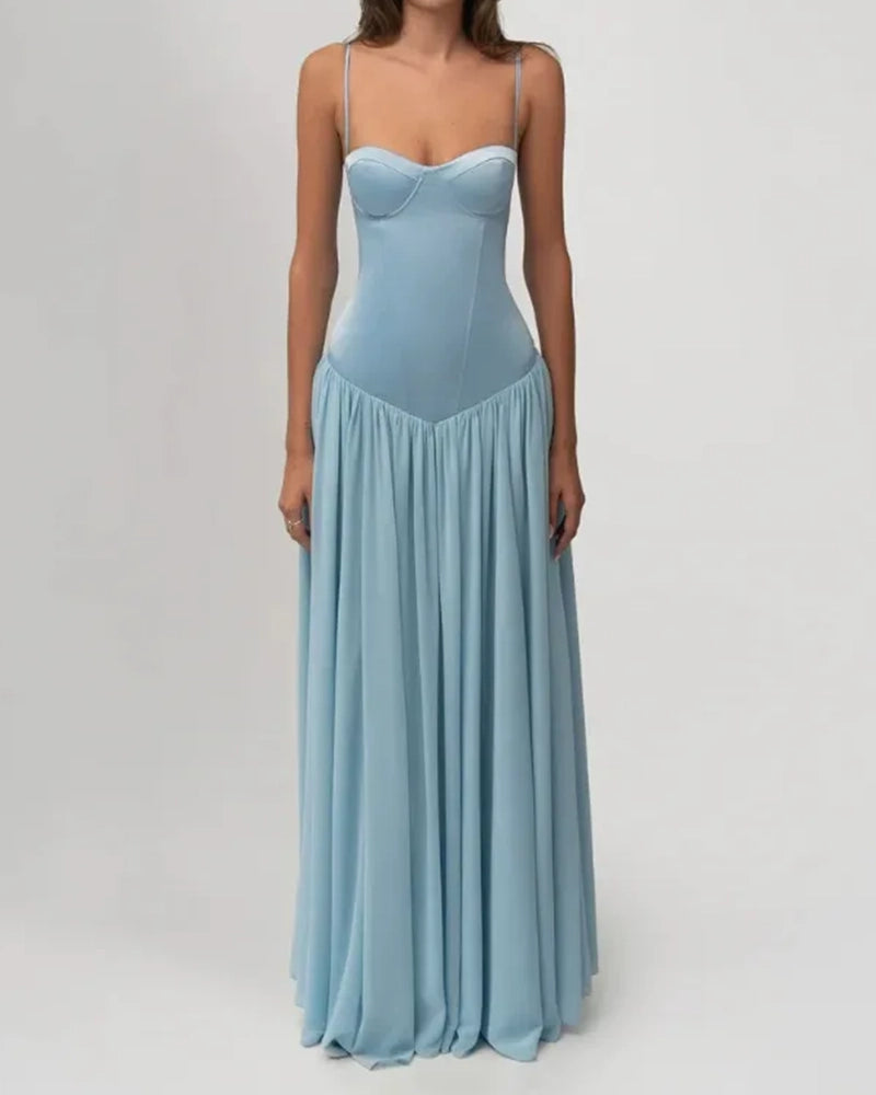 Xandra Blue Corset Basq-Waist Maxi Dress