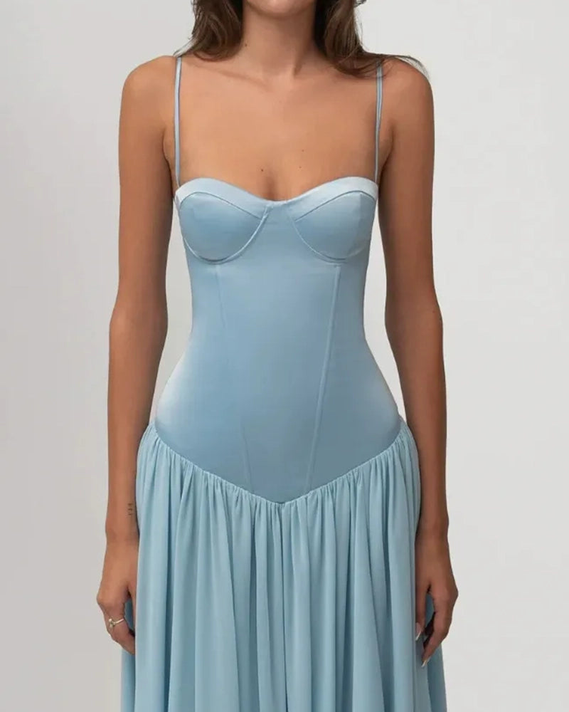 Xandra Blue Corset Basq-Waist Maxi Dress