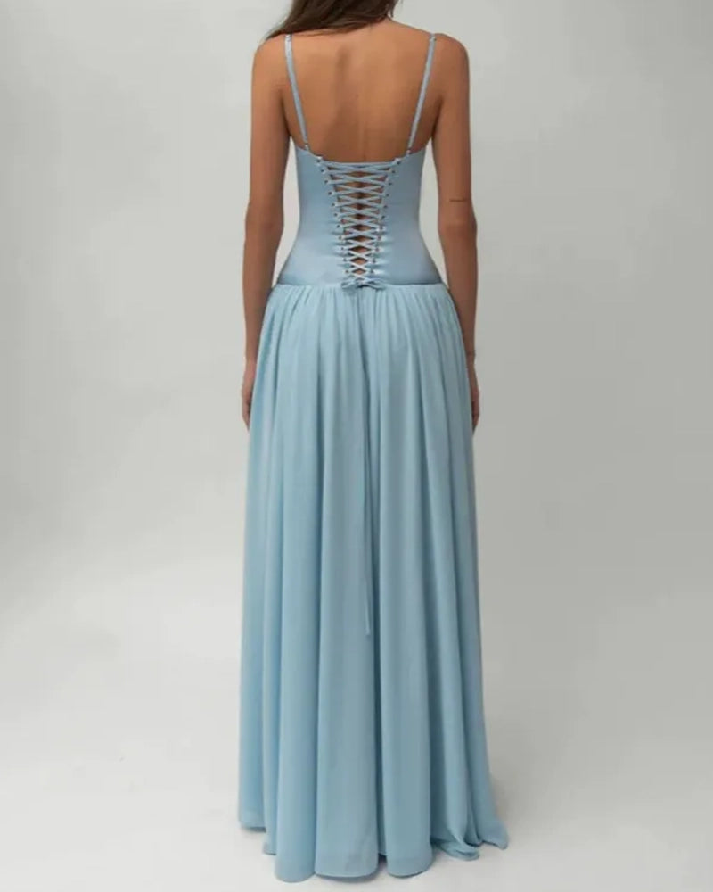 Xandra Blue Corset Basq-Waist Maxi Dress