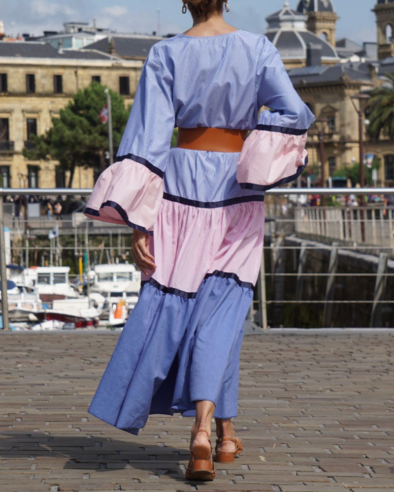 Roxanne Blue Color-Blocked Tiered Maxi Dress