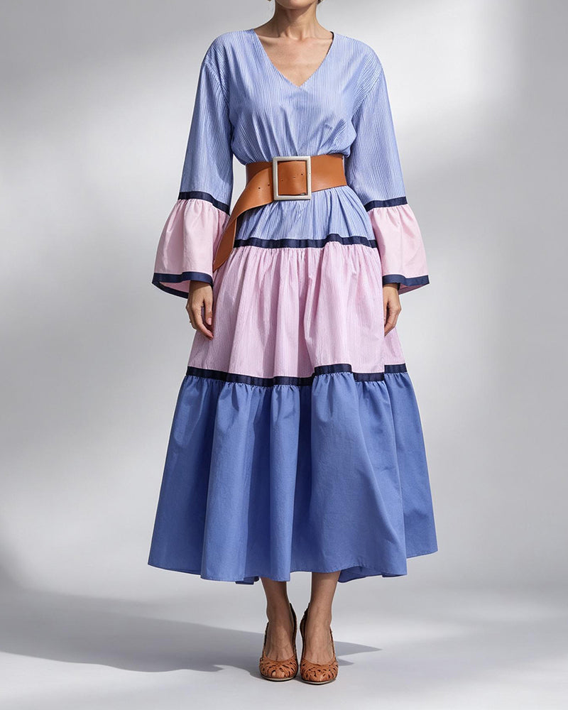 Roxanne Blue Color-Blocked Tiered Maxi Dress