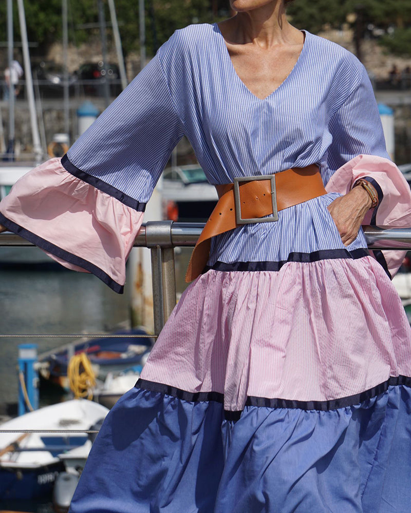 Roxanne Blue Color-Blocked Tiered Maxi Dress