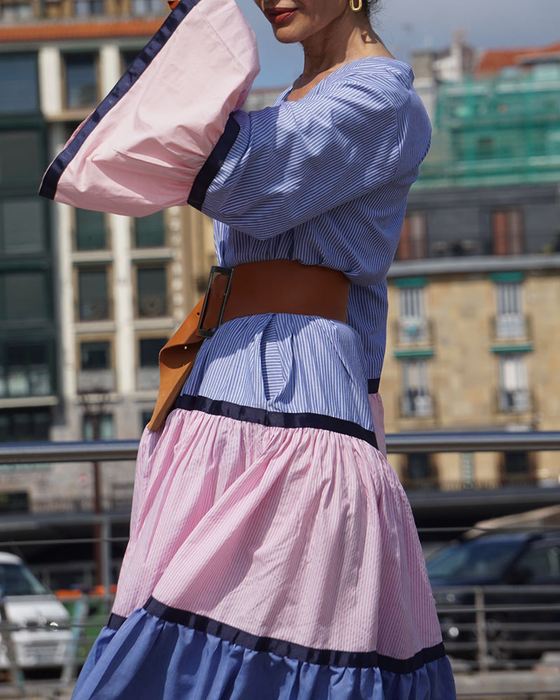 Roxanne Blue Color-Blocked Tiered Maxi Dress