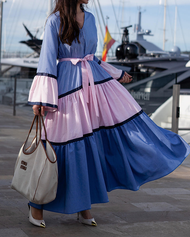 Roxanne Blue Color-Blocked Tiered Maxi Dress