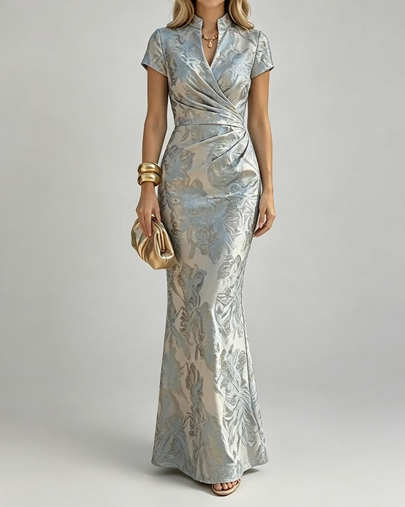 Perla Blue Stand Collar Short Sleeve Printed Maxi Dress