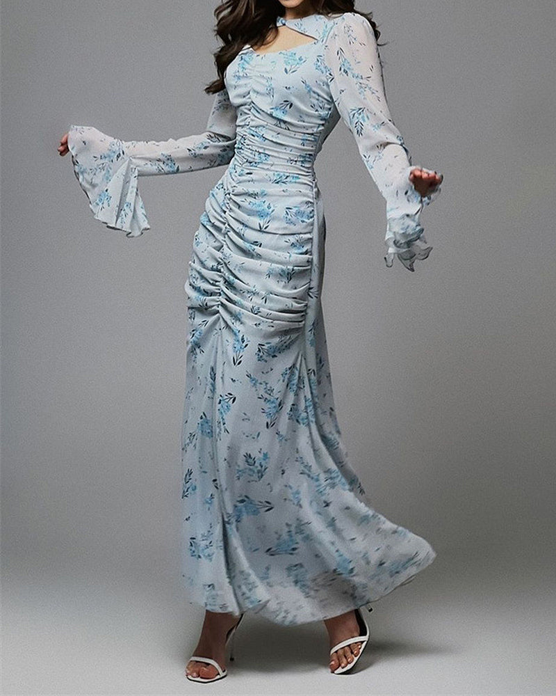 Mary Blue Cutout Neck Floral Print Maxi Dress