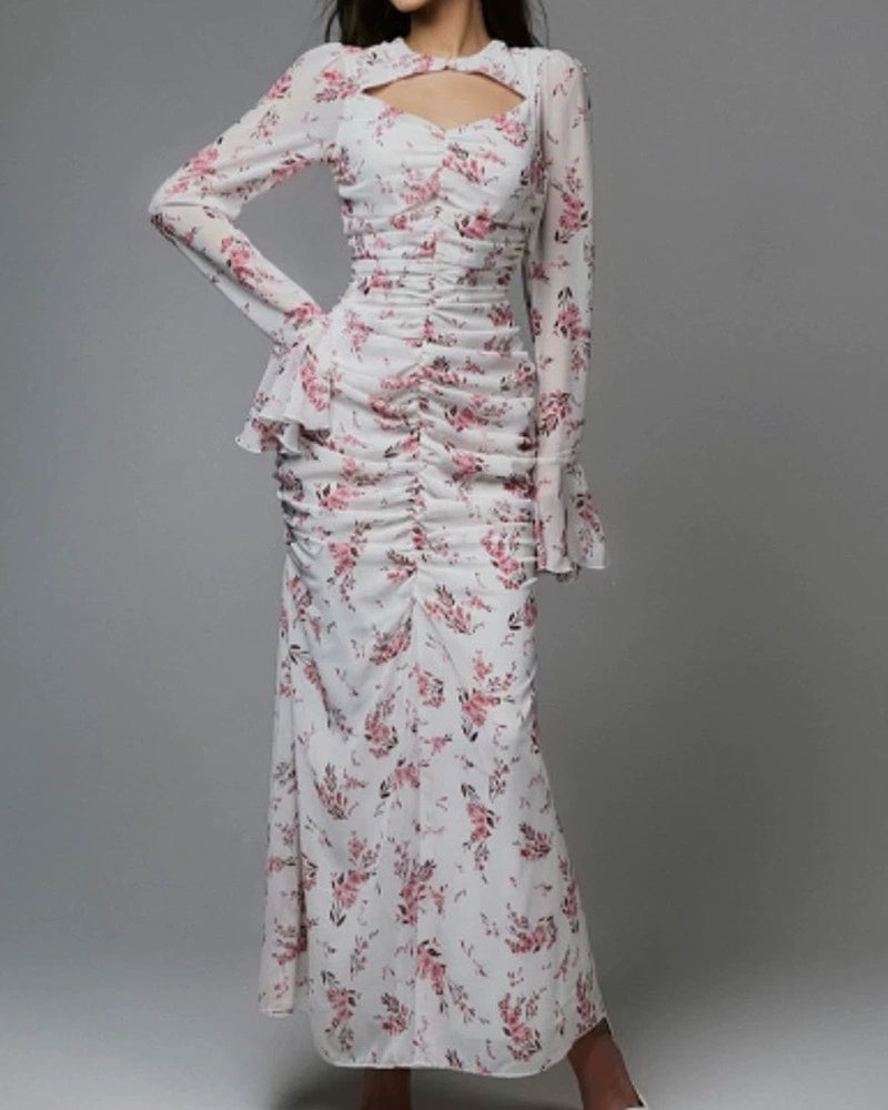 Mary Blue Cutout Neck Floral Print Maxi Dress