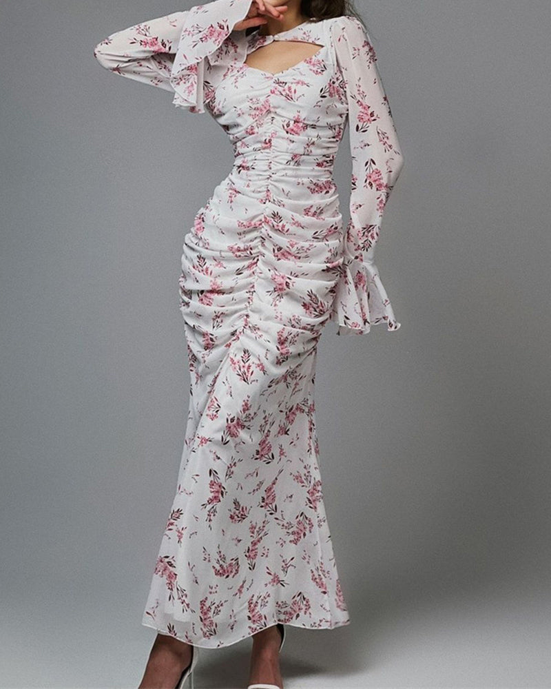 Mary Blue Cutout Neck Floral Print Maxi Dress