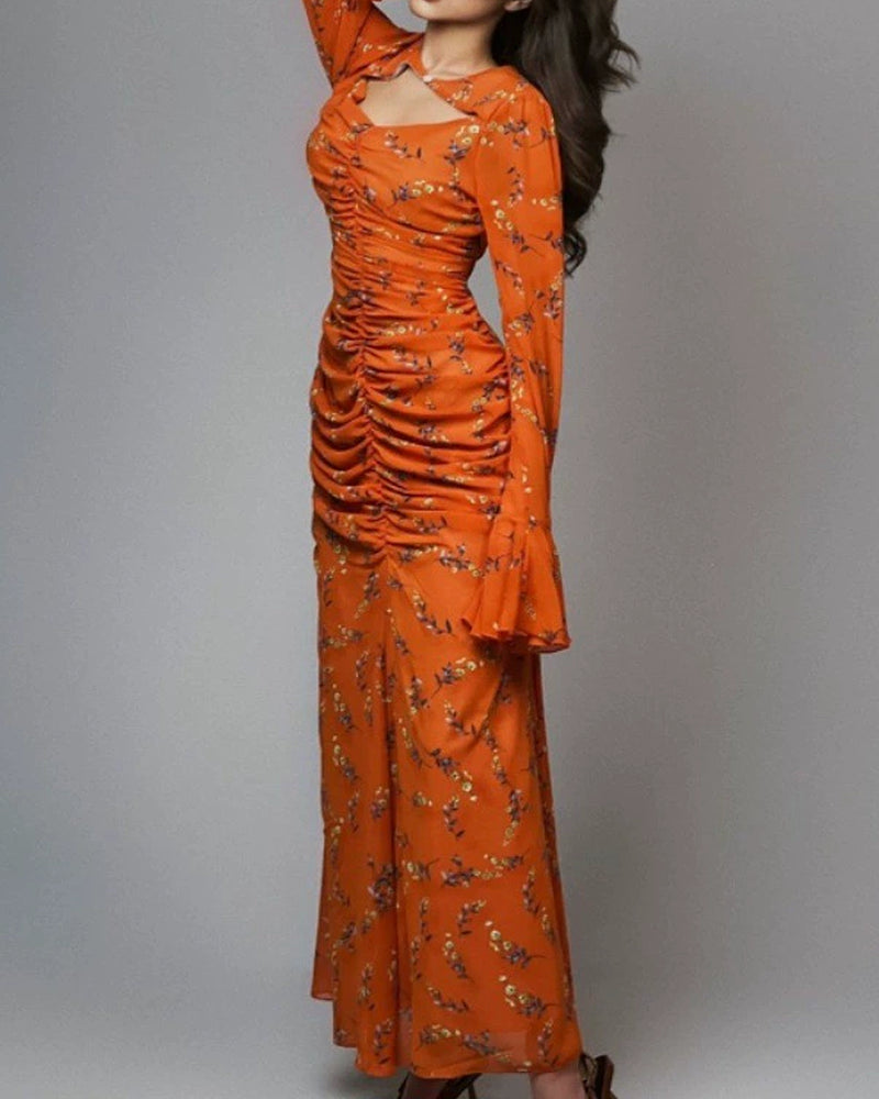 Mary Blue Cutout Neck Floral Print Maxi Dress