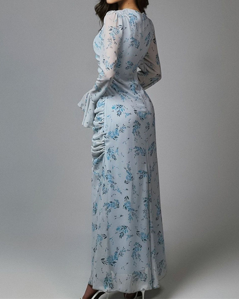 Mary Blue Cutout Neck Floral Print Maxi Dress
