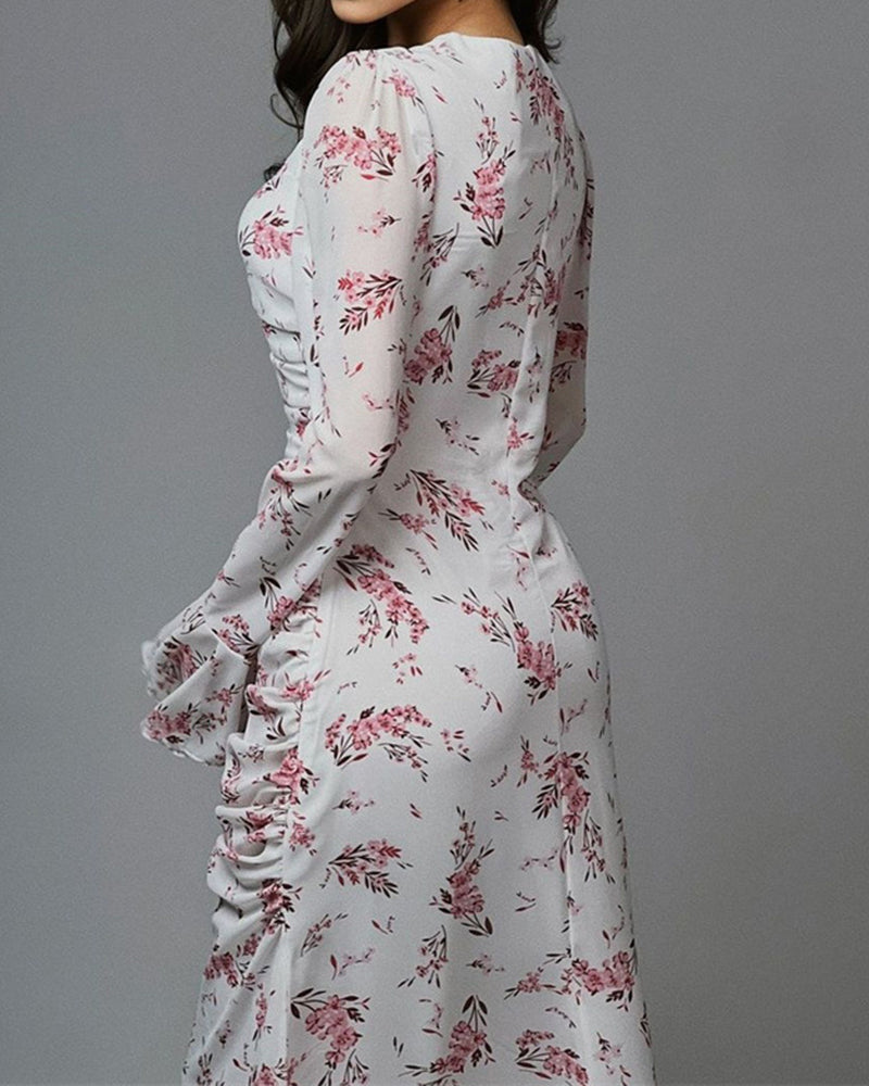 Mary Blue Cutout Neck Floral Print Maxi Dress