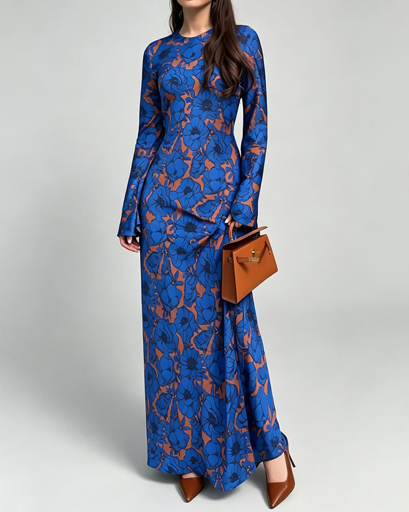 Raquel Blue Long Sleeve Floral Print Maxi Dress