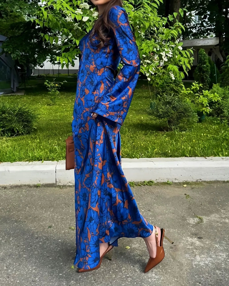 Raquel Blue Long Sleeve Floral Print Maxi Dress