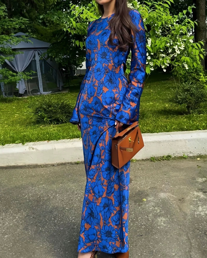 Raquel Blue Long Sleeve Floral Print Maxi Dress