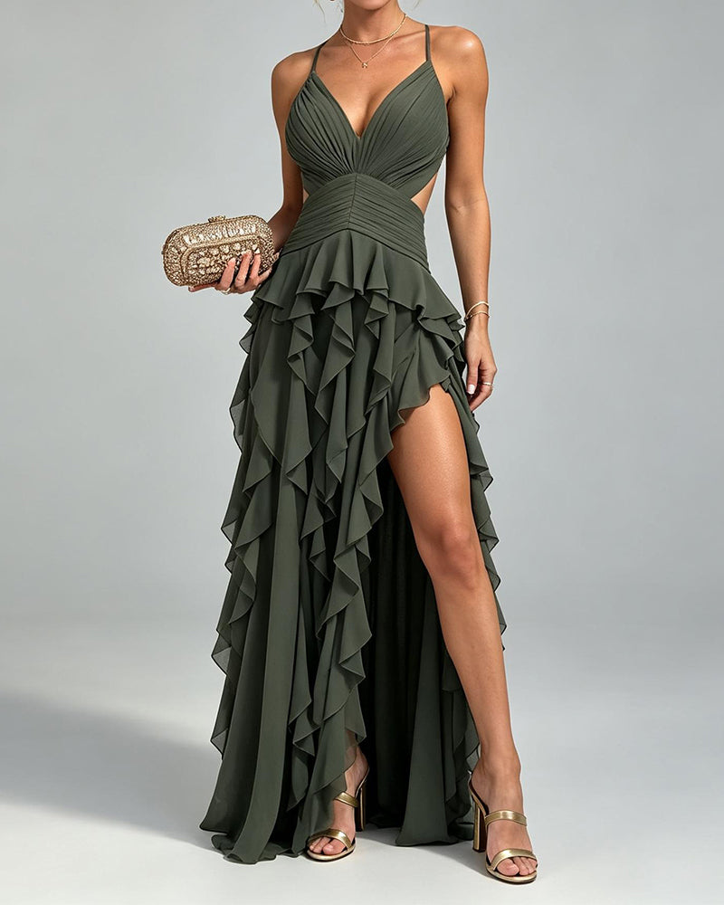 Zaria Dark Green Ruched Cutout Ruffled Maxi Dress